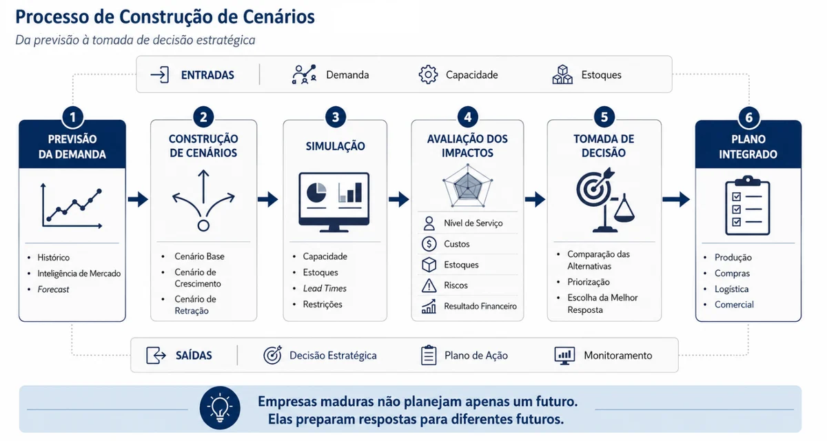 Fluxo do processo de construção de cenários: da previsão da demanda à elaboração de cenários, simulação de impactos sobre capacidade, estoques, nível de serviço, custos e riscos, e definição do plano de ação.